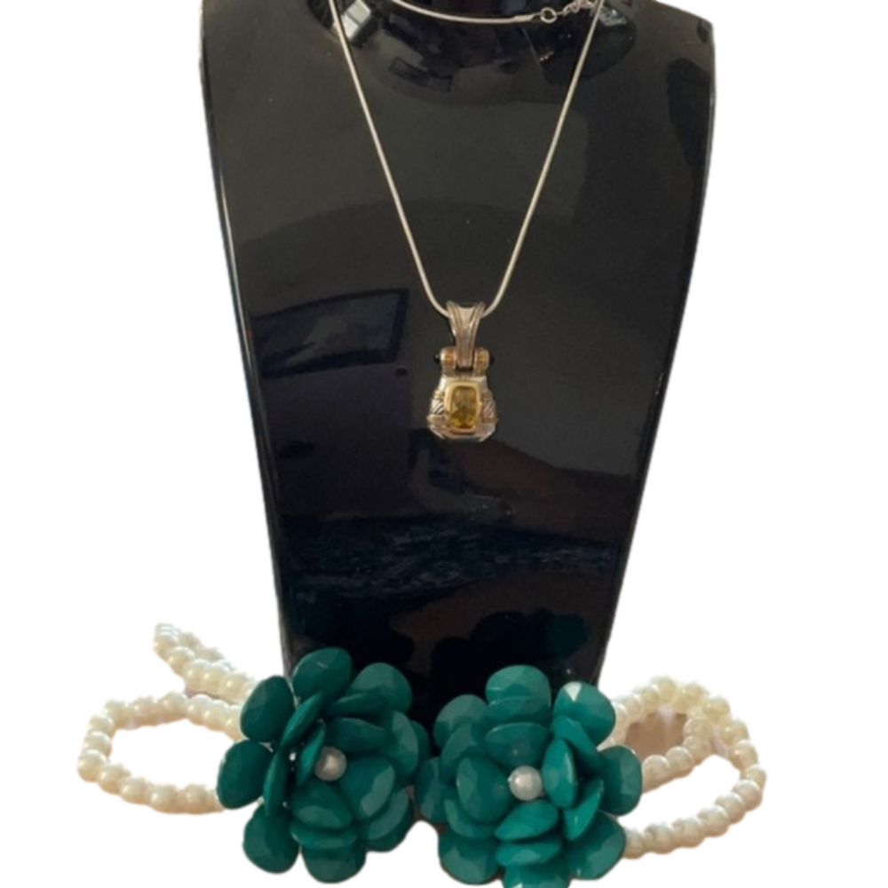 VINTAGE TWO-TONE CHARM WITH STONE ON A 20” STERLING SILVER SNAKE CHAIN